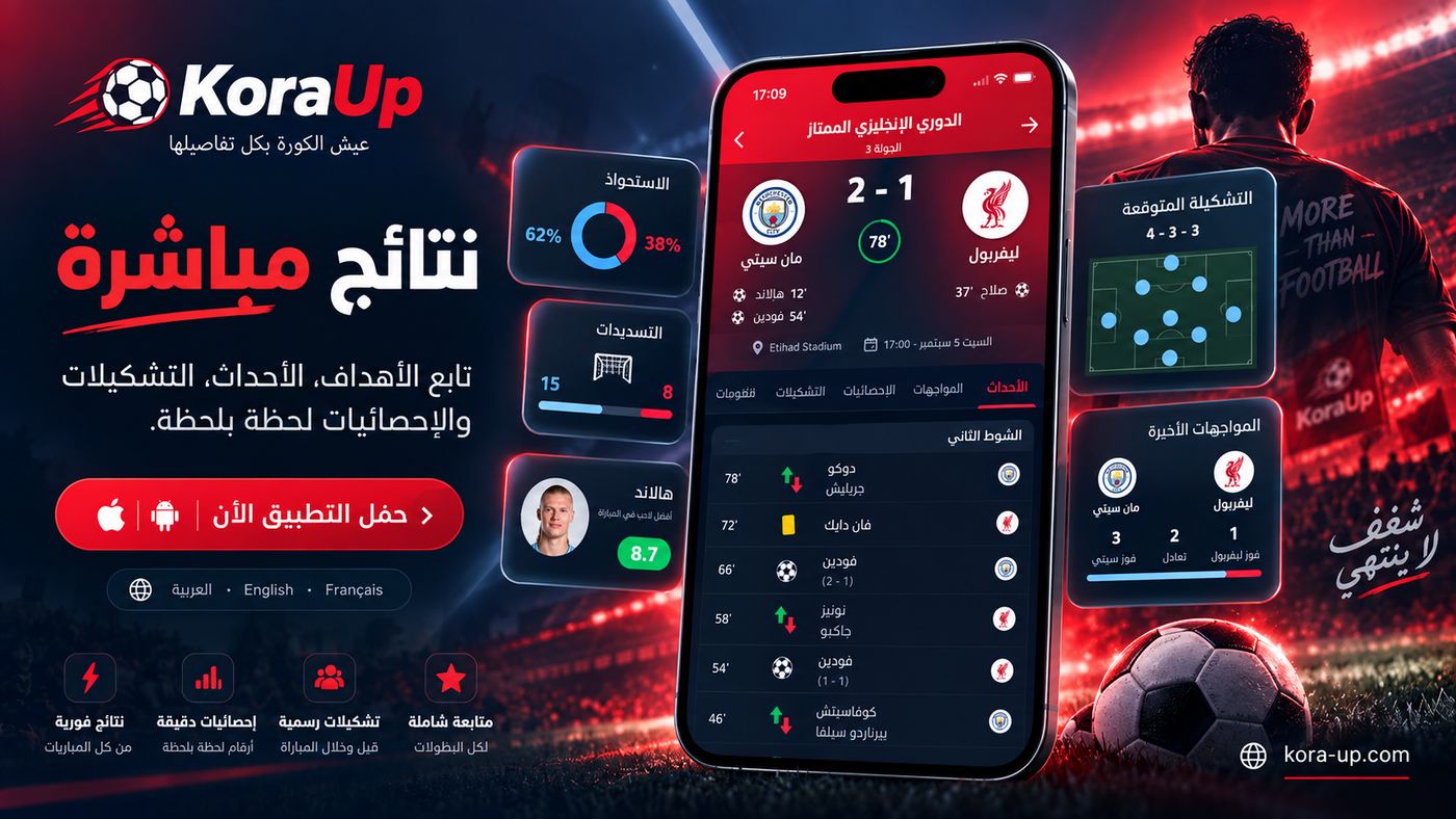 تطبيق KoraUp: صفحة مباراة مباشرة مع الأحداث والتشكيلة والإحصائيات
