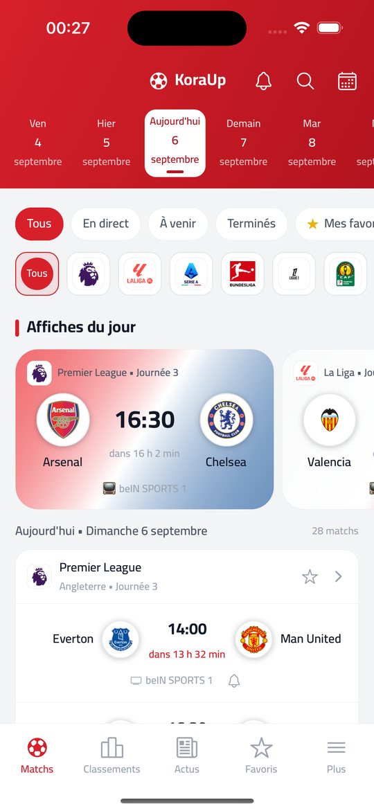 Application KoraUp : matchs du jour avec scores en direct et chaînes TV